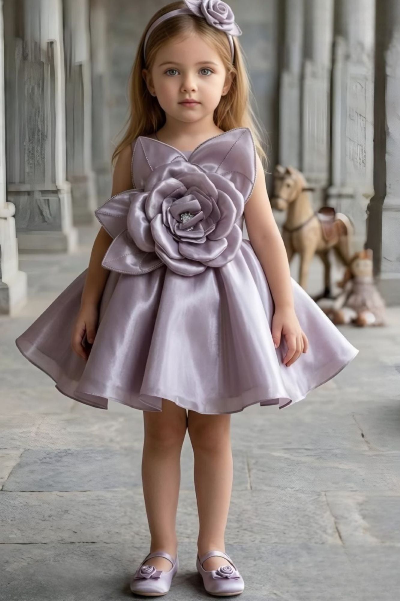 Light Brown 3D Floral Party Wear Frock for Girls