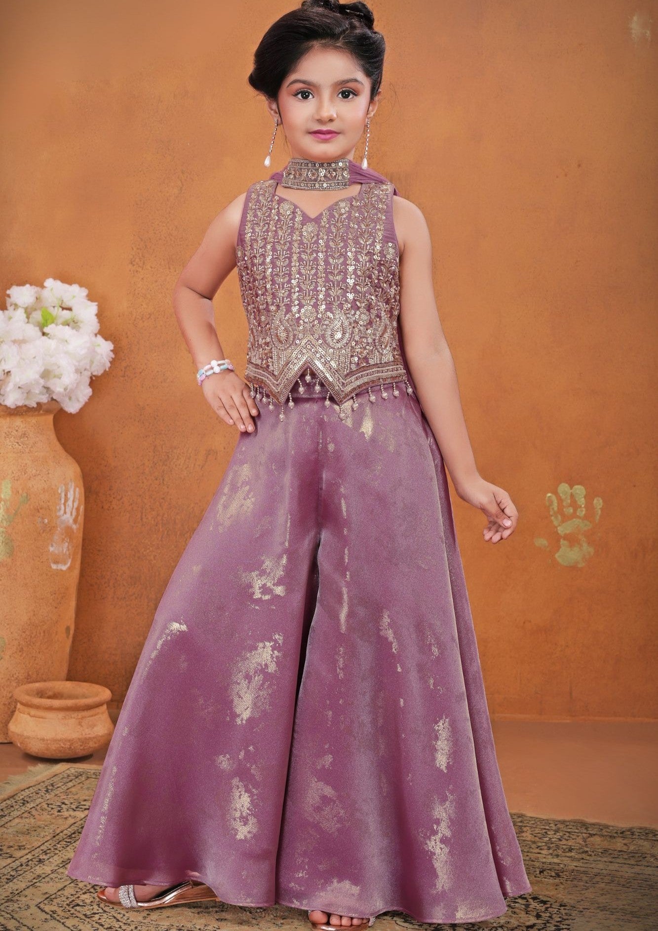 Girls Lavender Embroidered Palazzo Set With Dupatta