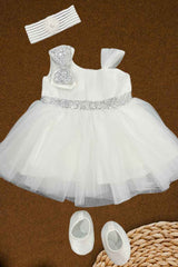 White Sleeveless And Bow Embellished With Sequins Work Frock For Girls