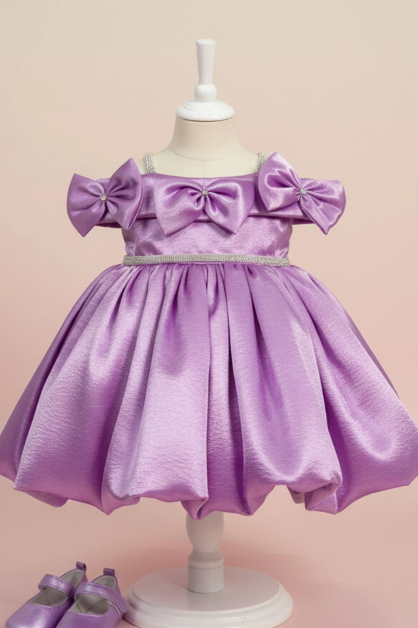 Purple Party Wear Frock with Shoulder Bows and Crystal Belt For Girls