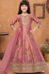 Pink Printed And Embroidered Gown For Girls