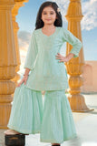 Sea Green Embroidered Sharara Set For Girls