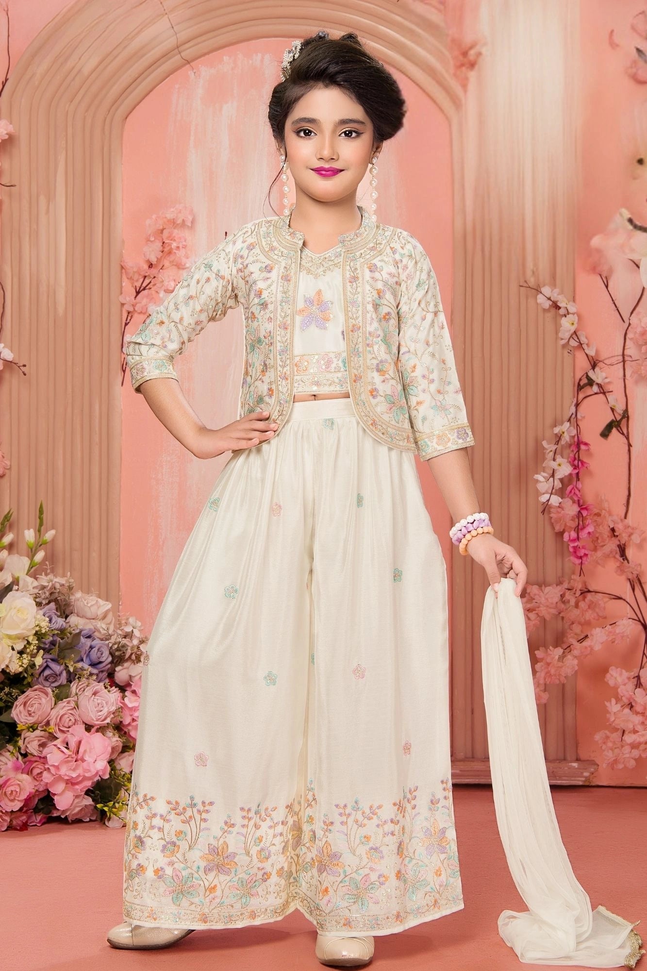 Cream Embroidered 3-Piece Palazzo Set for Girls