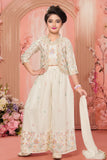 Cream Embroidered 3-Piece Palazzo Set for Girls