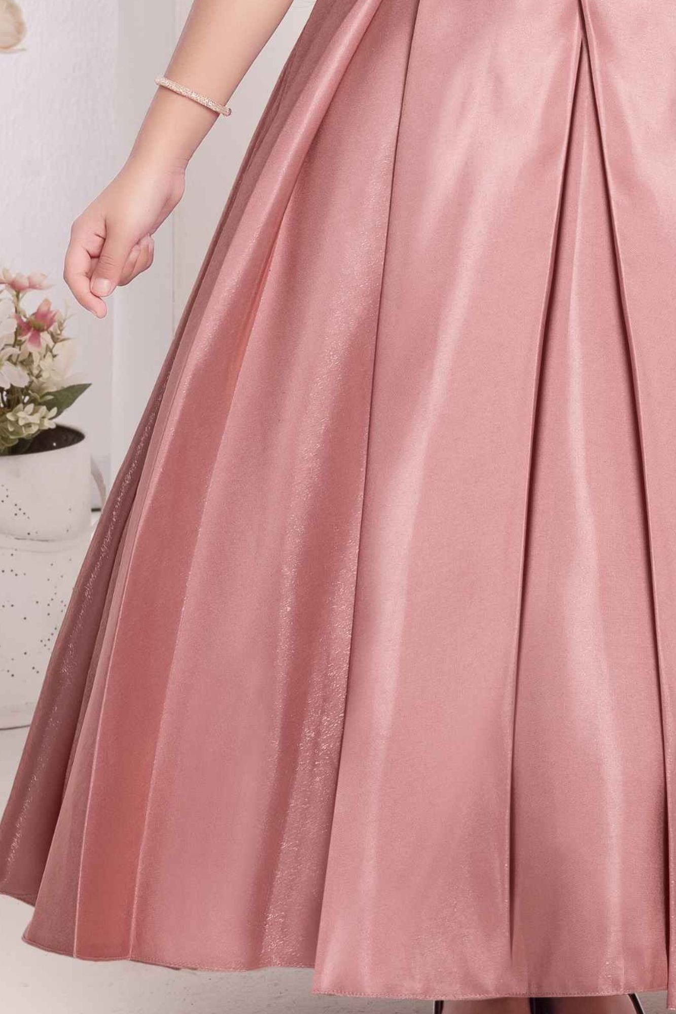 Onion Pink Party Wear Gown with 3D Floral Pleated Bodice for Girls