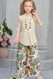 Cream Floral Printed Palazzo Set With Embroidered Kurta And Matching Bag For Girls