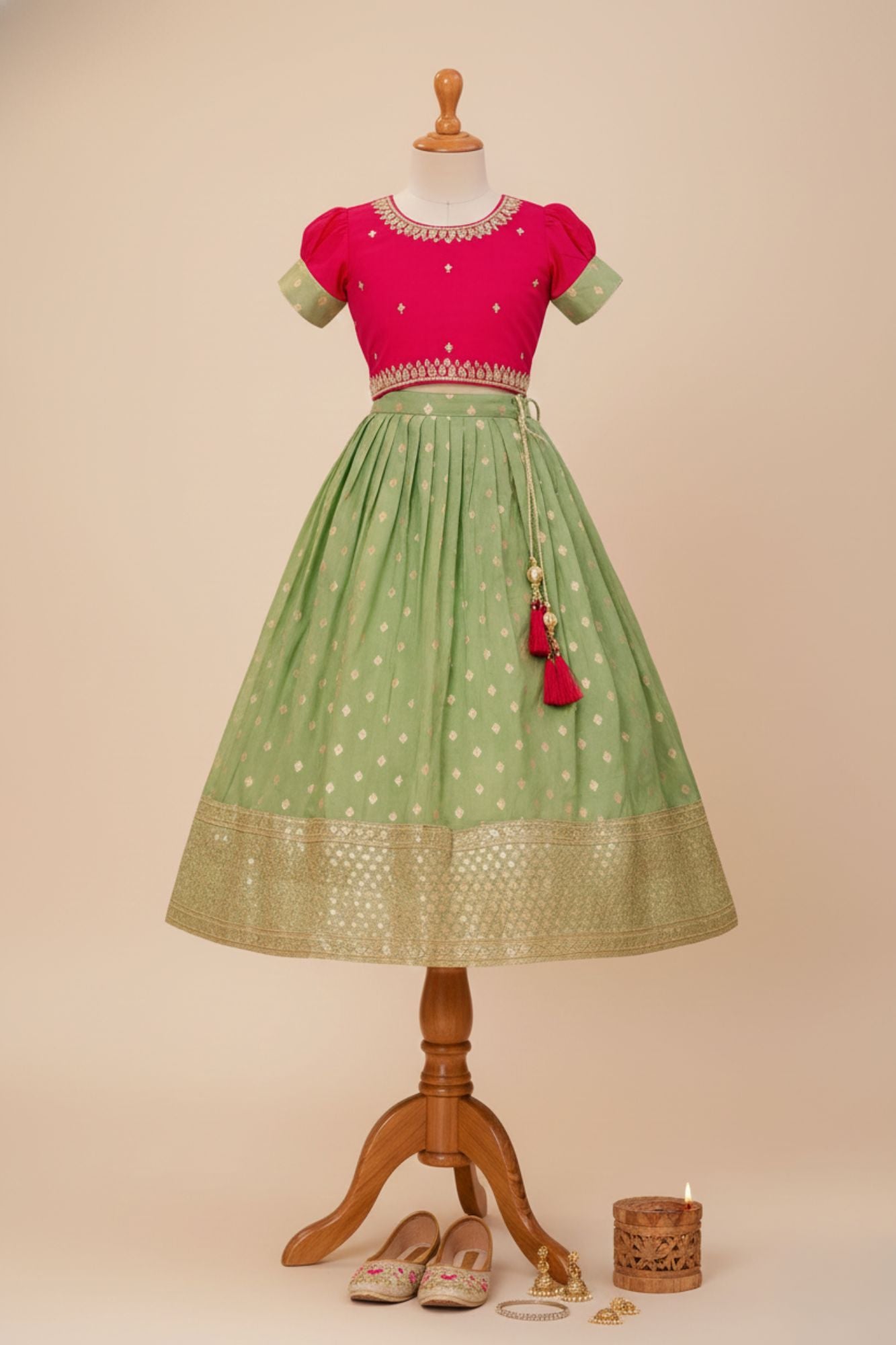 Rani Pink And Green Embroidered Pattu Pavadai Set For Girls
