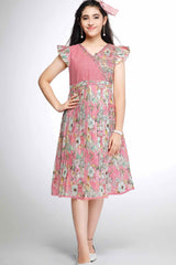 Pink Sequins Work And Floral Printed Causal Dress For Girls