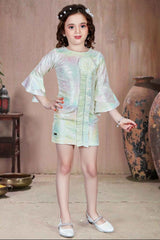 Green Bell Sleeves With Floral And Stone Embellished Dress For Girls