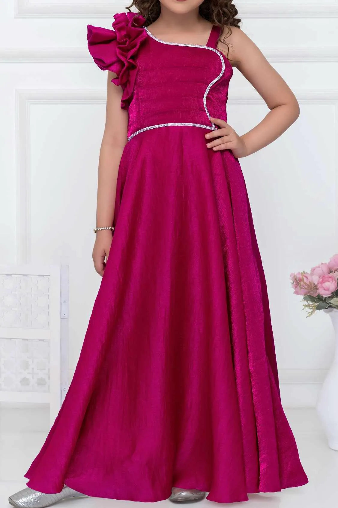Rani Pink One-Shoulder Party Wear Gown For Girls