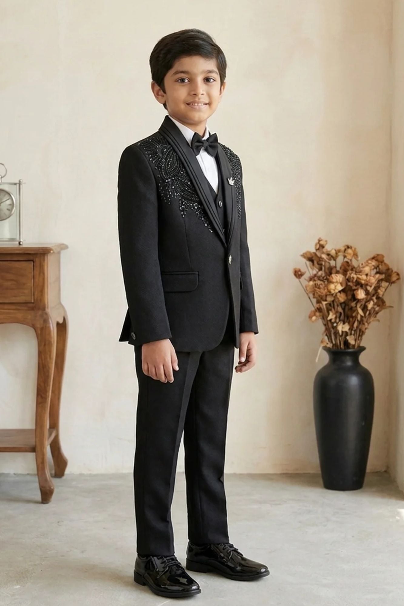 Black Embellished Tuxedo Suit Set with Bow Tie for Boys