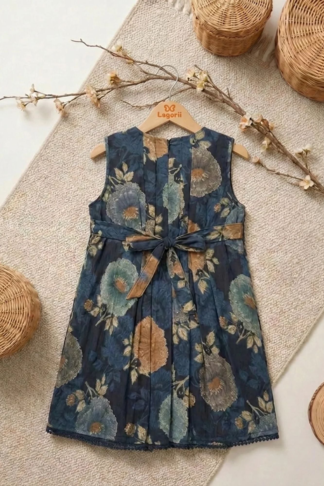 Girls Blue Floral Printed Dress With Lace Panels and Pleats