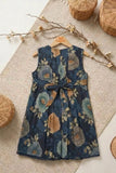 Girls Blue Floral Printed Dress With Lace Panels and Pleats