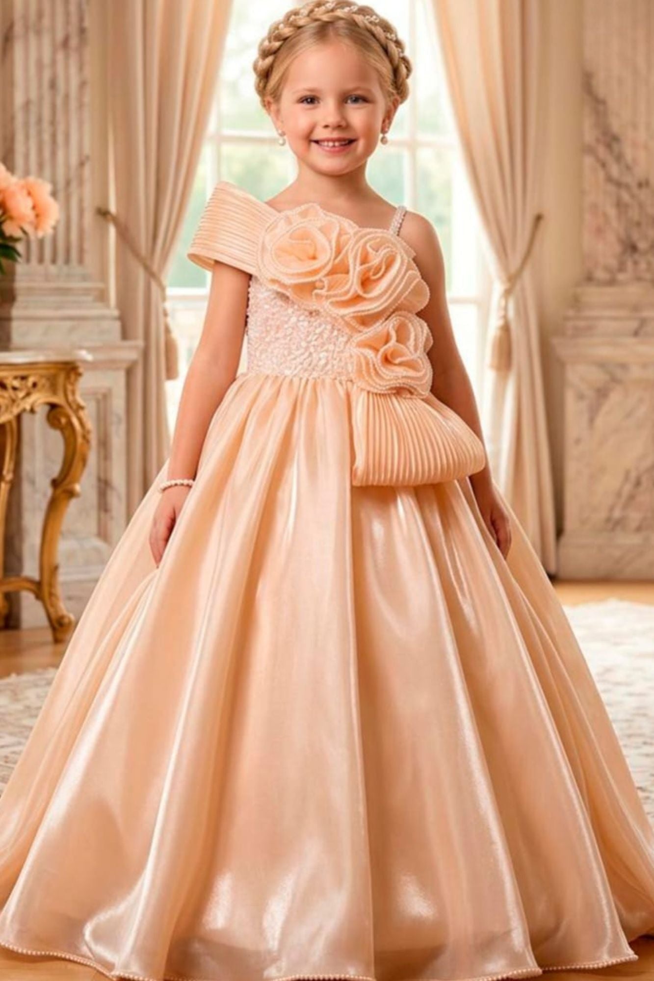Girls Peach One-Shoulder Party Gown with 3D Floral Ruffles