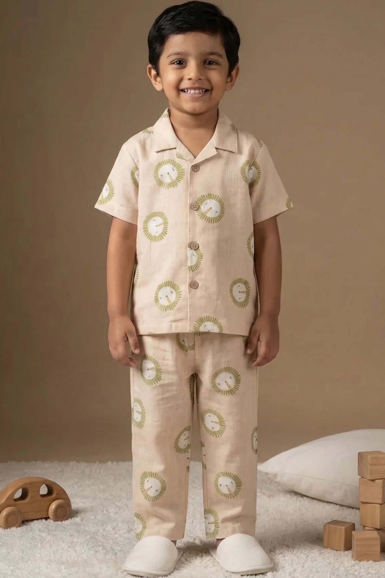 Cream Lion Print Cotton Night Suit Set For Boys