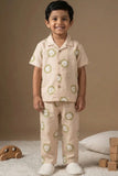 Cream Lion Print Cotton Night Suit Set For Boys