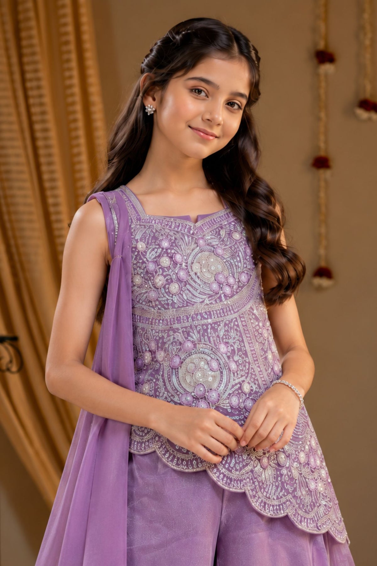 Girls Lavender Sequin Embroidered Asymmetric Palazzo Set With Dupatta
