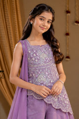 Girls Lavender Sequin Embroidered Asymmetric Palazzo Set With Dupatta
