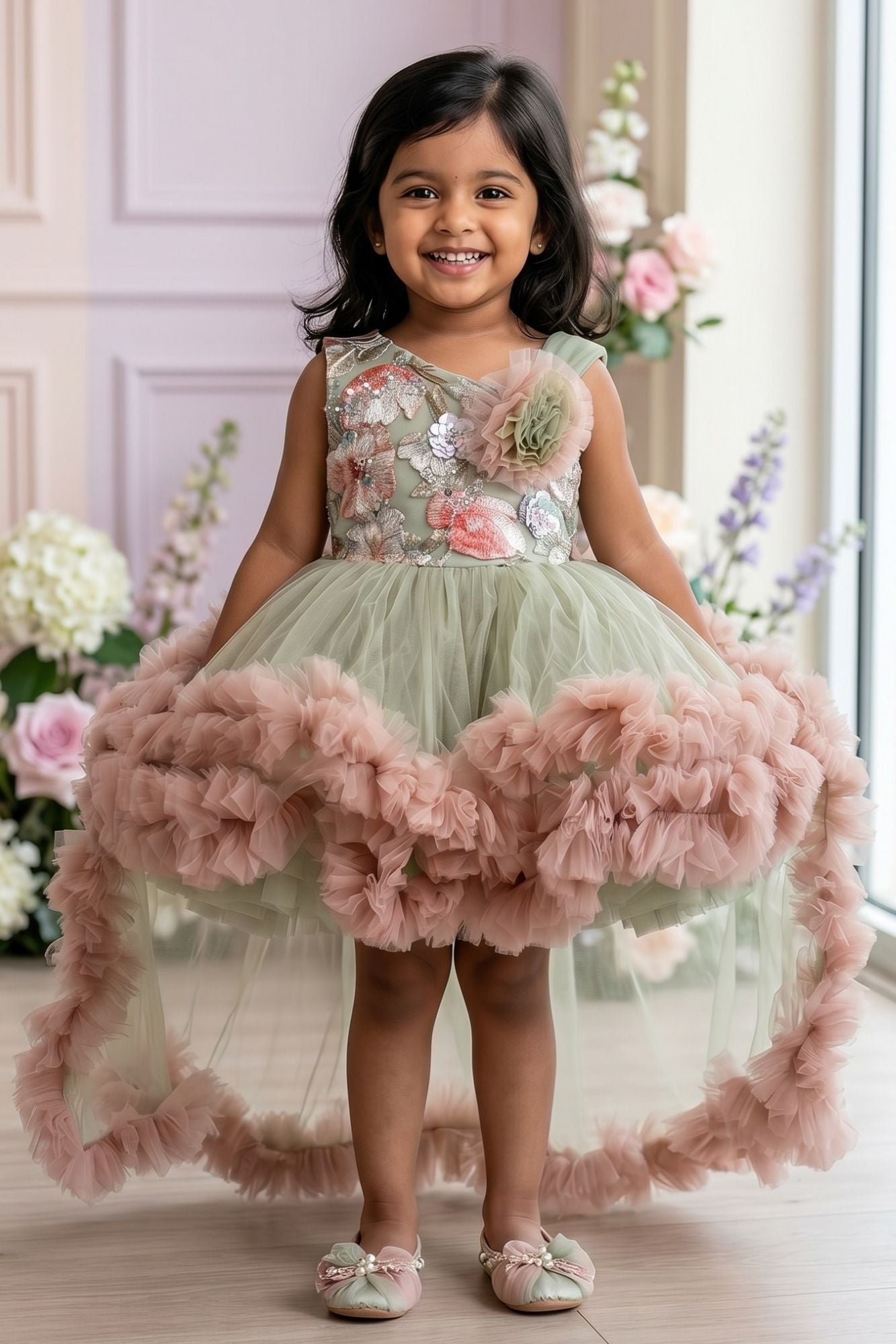 Girls Sage Green And Blush Pink Floral Party Frock With Ruffle High-Low Hem
