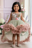 Girls Sage Green And Blush Pink Floral Party Frock With Ruffle High-Low Hem