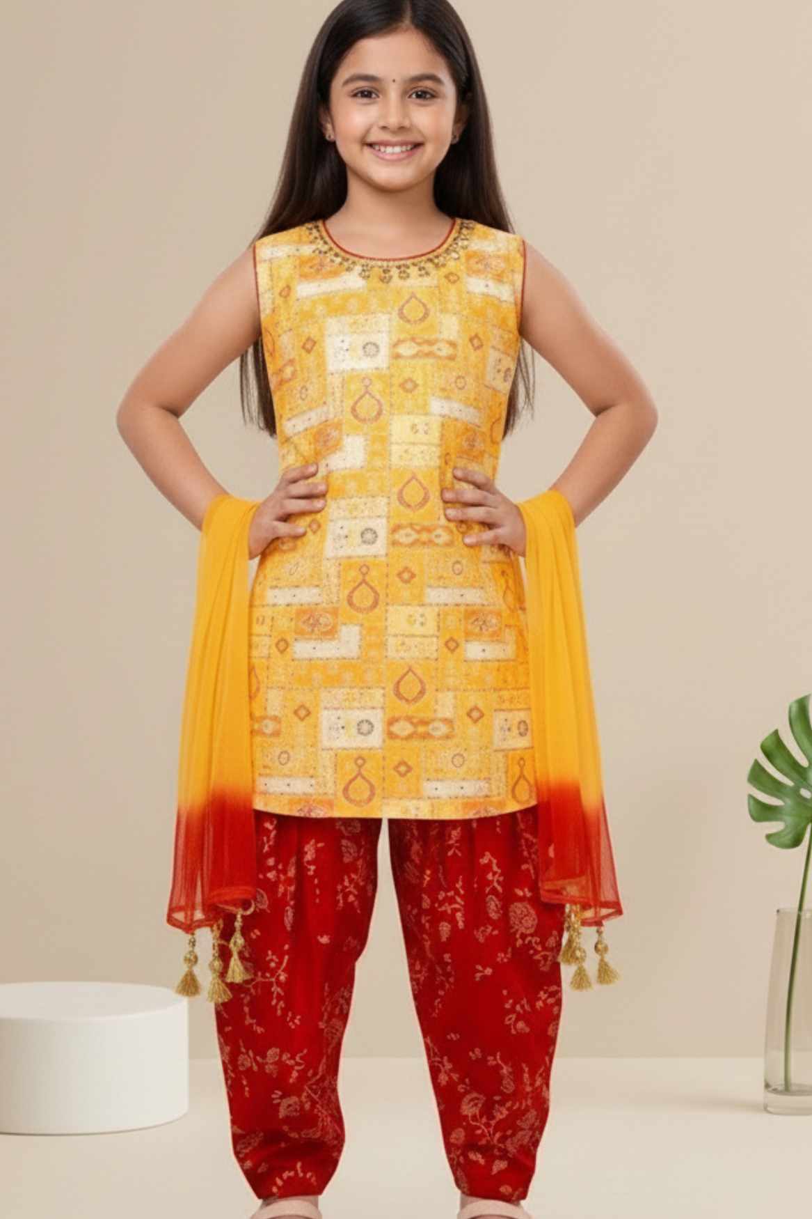 Yellow Kurti With Red Patiala Suit Set For Girls