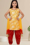 Yellow Kurti With Red Patiala Suit Set For Girls