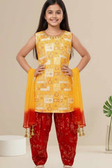 Yellow Kurti With Red Patiala Suit Set For Girls