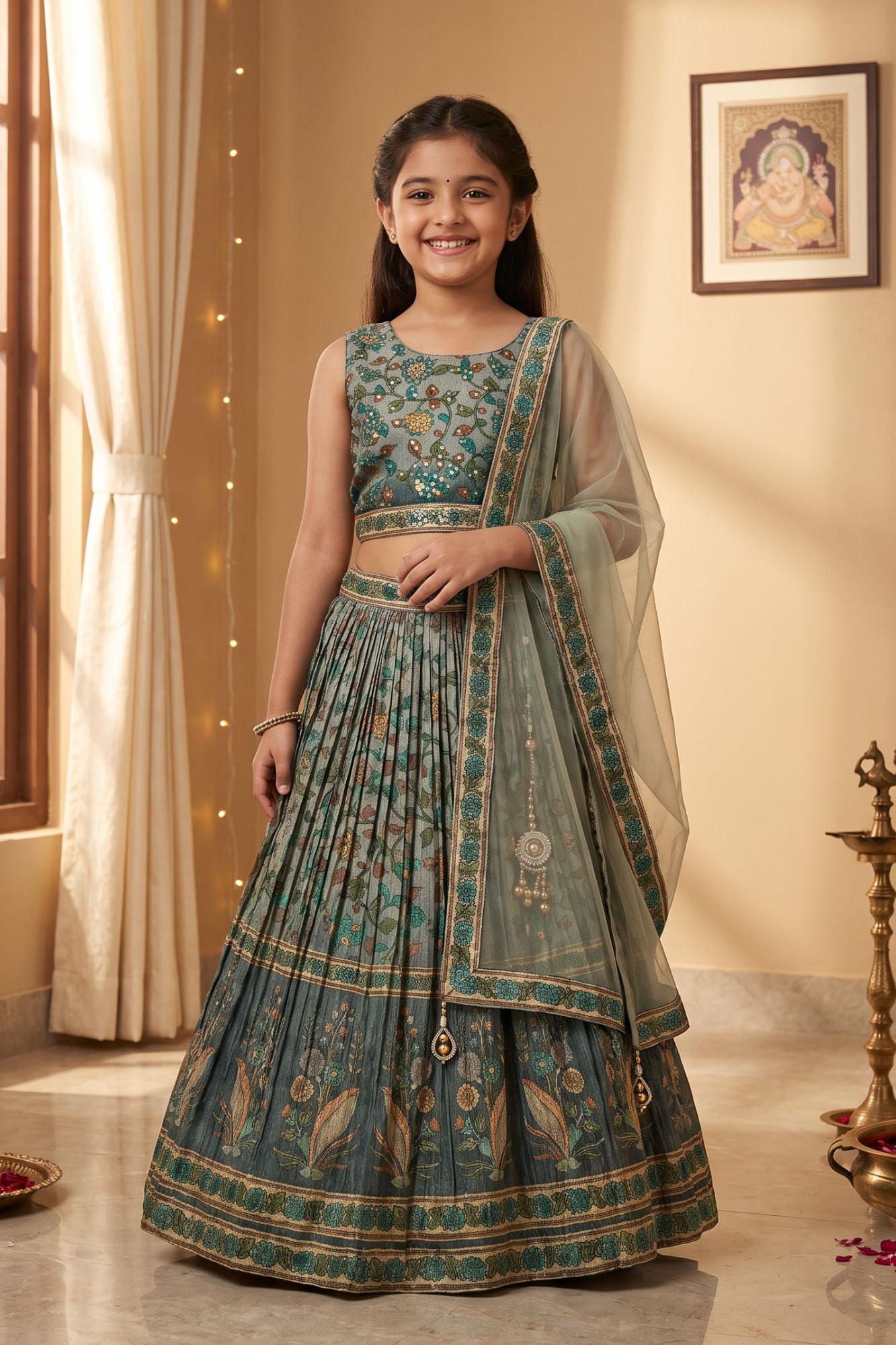 Sage Green Floral Printed Lehenga Choli Set with Dupatta