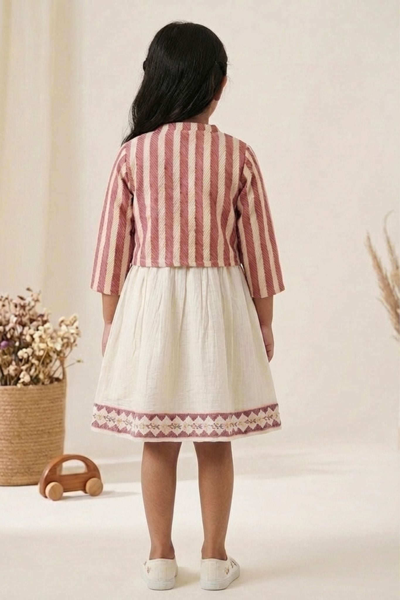 Casual Cream Dress & Dusty Pink Striped Jacket for Girls