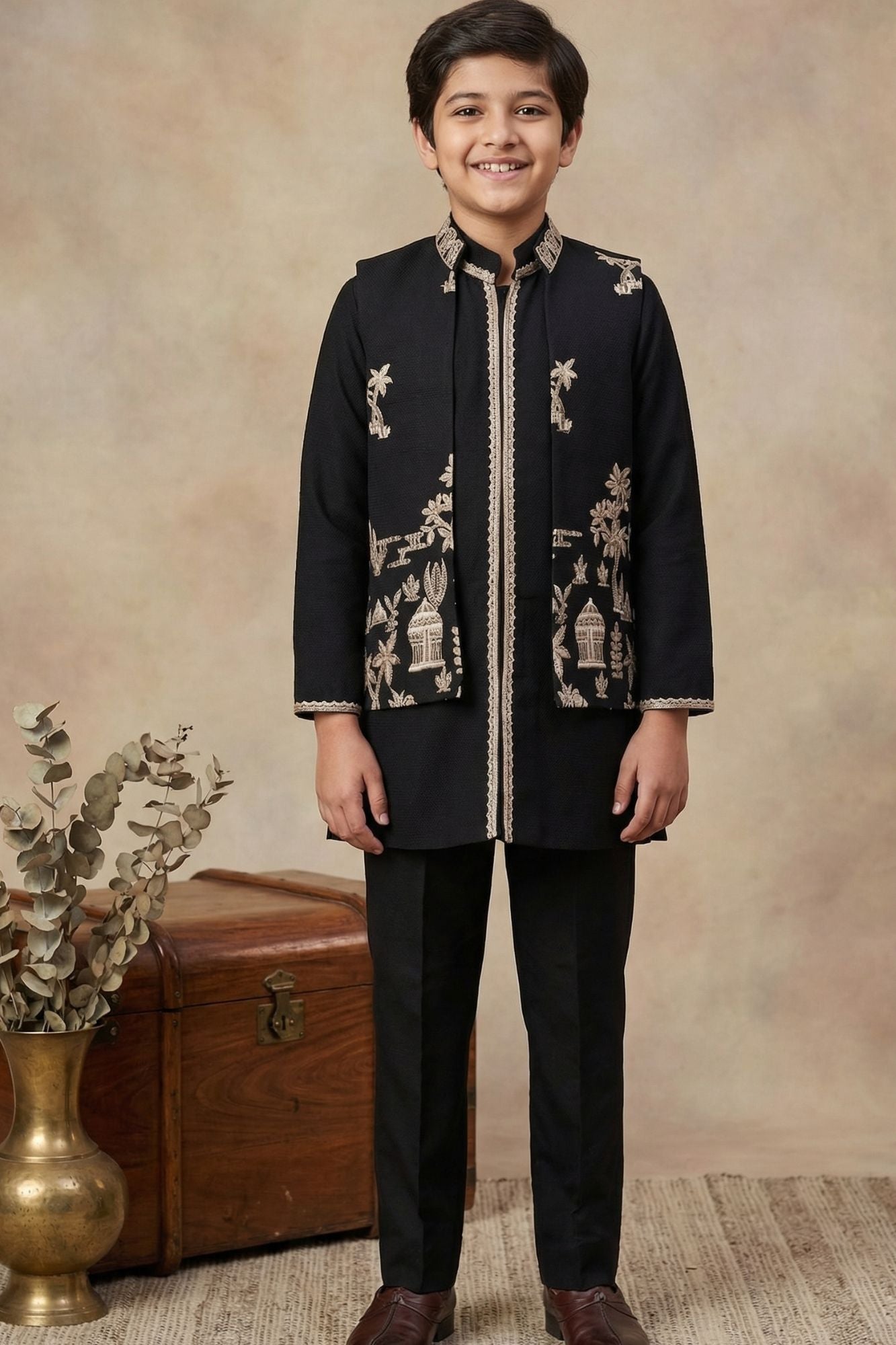 Black Heritage Embroidered Kurta Set with Jacket For Boys