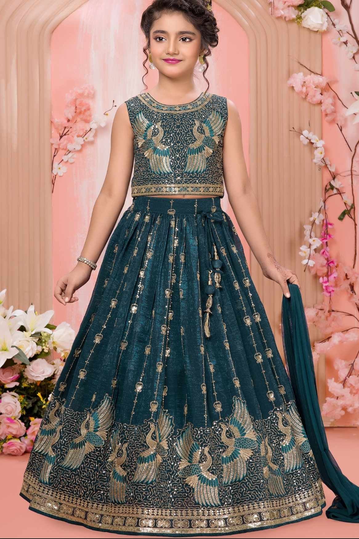 Deep Teal Peacock Embroidered Lehenga Choli Set For Girls