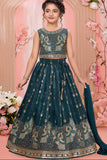 Deep Teal Peacock Embroidered Lehenga Choli Set For Girls