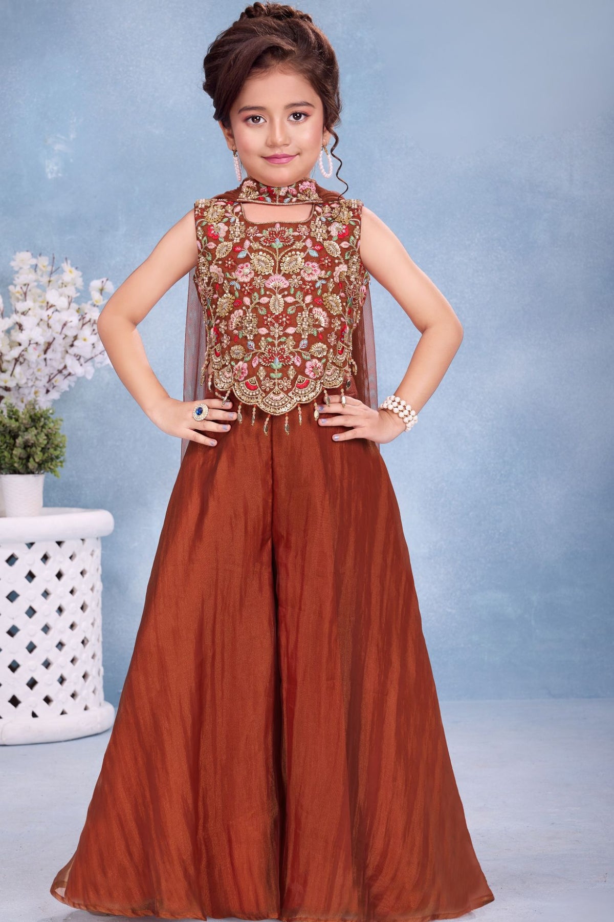 Girls Rust Orange Embroidered Palazzo Set With Dupatta