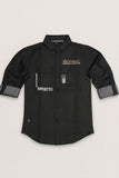 Black Utility Style Shirt With Graphic Prints And Roll-Up Sleeves For Boys