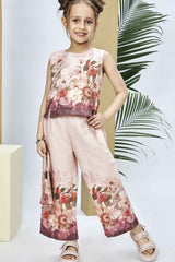 Beige Floral Printed Co Ord Set With Flared Pants And Matching Handbag For Girls