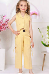 Trendy Lemon Yellow Sleeveless Jacket And Pant Co Ord Set For Girls