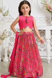 Girls Rani Pink Floral Printed Lehenga Choli With Dupatta