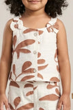 Girls White And Brown Floral Printed Co-Ord Set with Sleeveless Bow Strap Top And Flared Pants