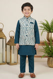 Teal Blue Kurta With White Sequin Embroidery Work Bandi Set For Boys