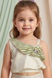 Girls Cream and Green One-Shoulder Co-Ord Set with Striped Wide-Leg Pants