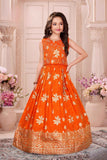 Orange Silk Lehenga Choli with Gold Zari Motifs For Girls