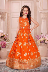Orange Silk Lehenga Choli with Gold Zari Motifs For Girls