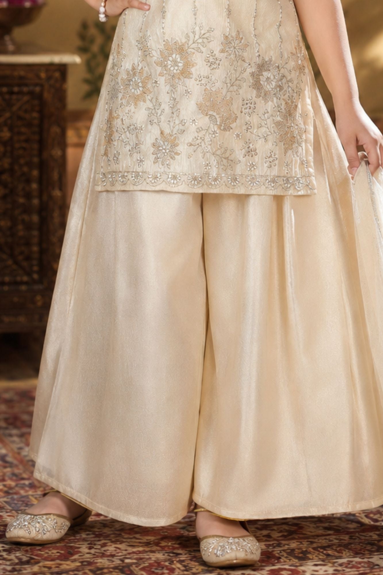 Girls Cream Palazzo Set with Floral Embroidered Kurti And Dupatta