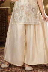Girls Cream Palazzo Set with Floral Embroidered Kurti And Dupatta