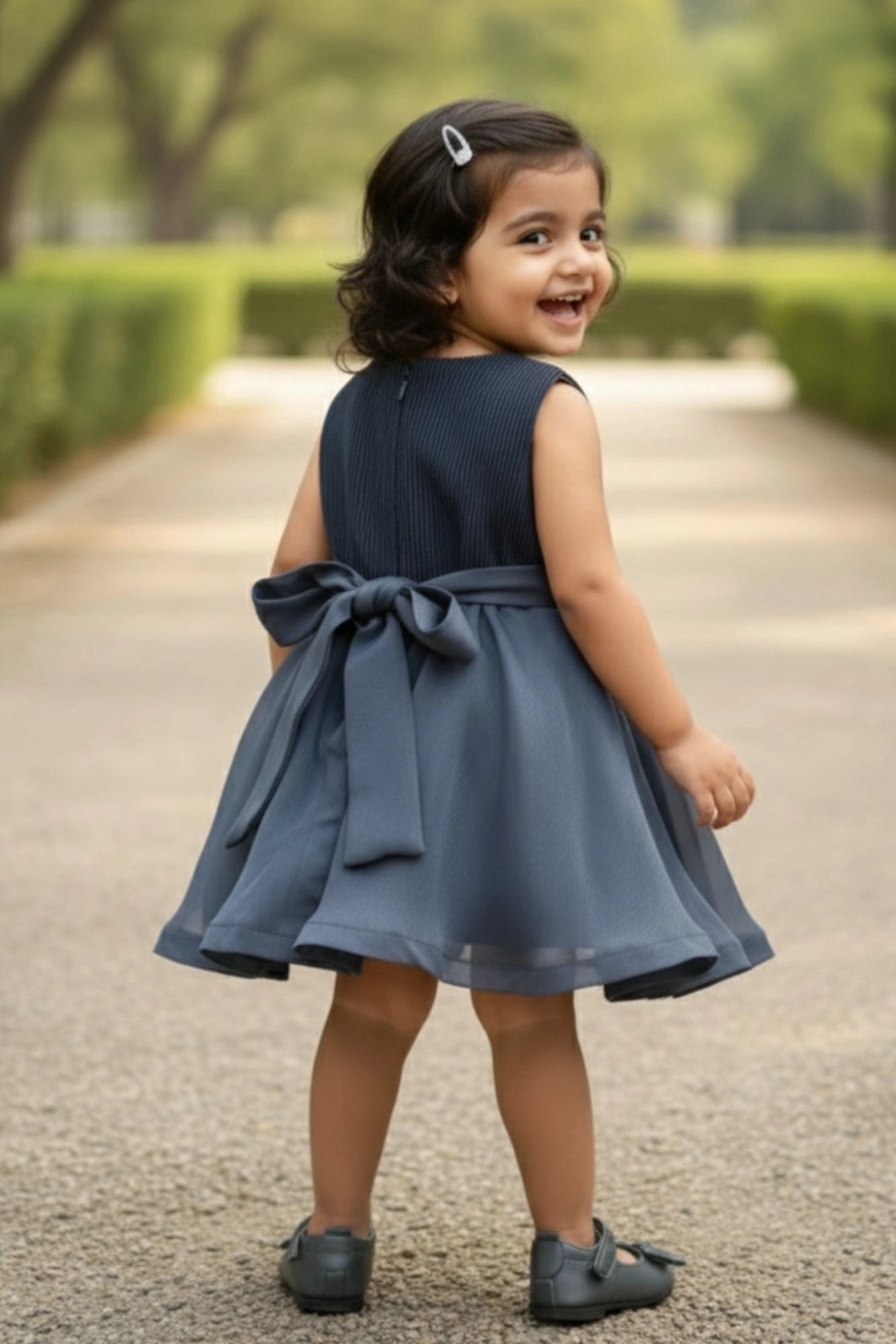 Blue Embellished Bow Charm Party Frock for Girls