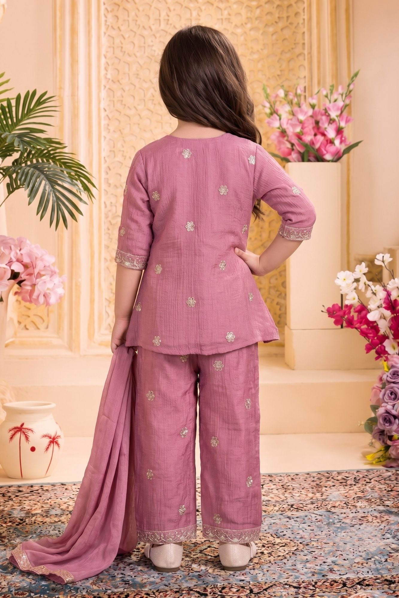 Mauve Delicate Floral Vine Embroidered Palazzo Set with Dupatta