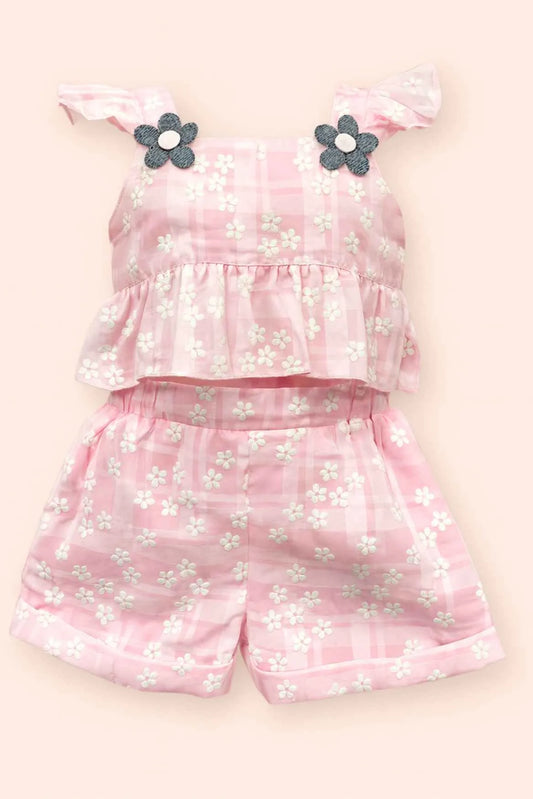 Daisy Bloom Pink Peplum Top & Shorts Co-ord Set for Girls