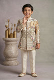 Cream Printed Jodhpuri Suit With Lion Motif And Embroidered Detailing For Boys