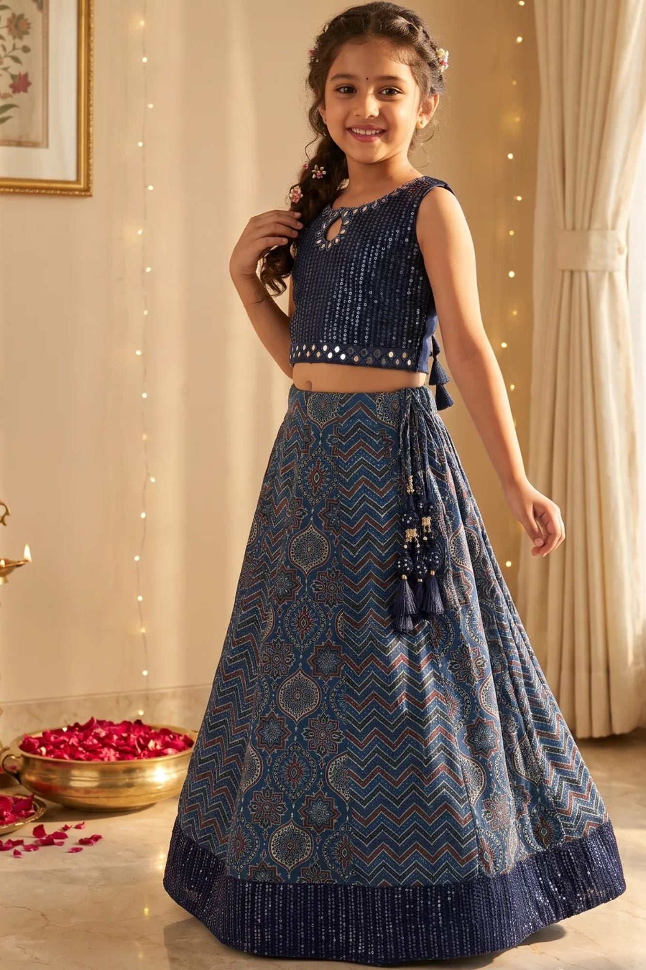 Navy Blue Printed Lehenga Choli for Girls