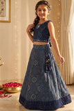 Navy Blue Printed Lehenga Choli for Girls